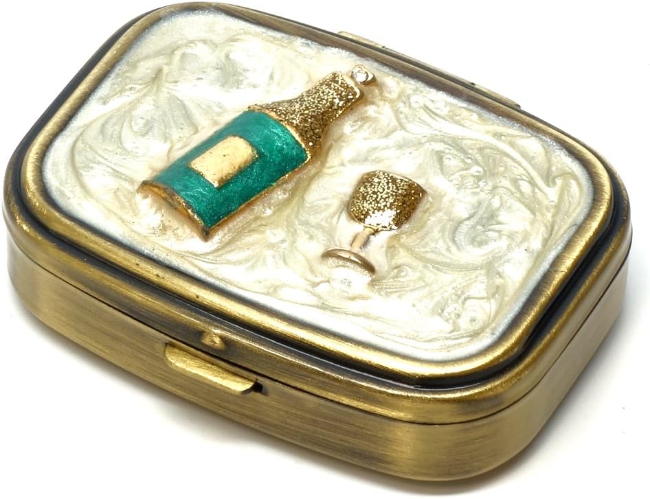9327 Rectangular Small Pill Box Organizer Cream White Brass Women Travel Pill Case Purse Pocket Container Daily Portable Medicine Vitamin Box Medication Supplement Mini Storage