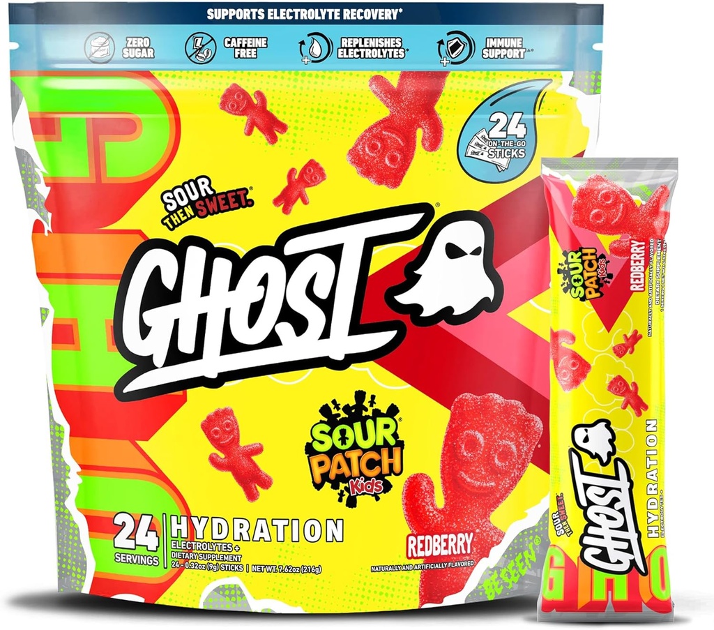 GHOST Hydration Pakker, Sour Patch Kids Redberry, 24 Sticks, Electrolyte Powder - Drik mix supplement med Magnesium, Kalium, Calcium, C-vitamin - Vegan, fri for soja, Sukker & Gluten