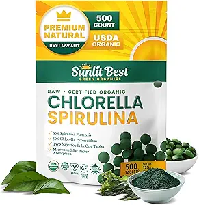 Sunlit Best Chlorella Spirulina Tablets - Økologisk USDA, Premium Spirulinas og Chlorella Capsules 500 Pills - Chlorofan Natural Superfood med Spirulina Algae, Enzymes Chlorophyll & Vegan Protein