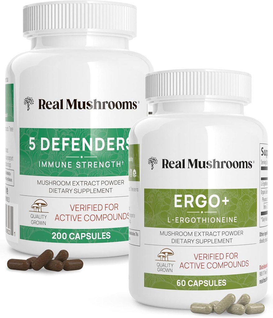 Ægte svampe Ergothioneine (60ct) og 5 Defenders (200ct) Bundle - med Tyrkiet Hale, Shiitake, Reishi, Chaga, Maitake, Oyster - Natural Longevity and ImmunStrength - Vegan, Gluten Free, Non- GMO