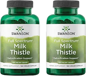 Swanson Milk Thistle - Herbal Lever Support - Natural Formel Hjælper til at opretholde total sundhed & velvære - (100 kapsler, 500mg hver) 2 Pack