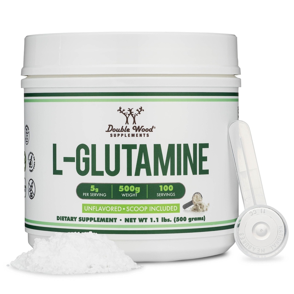 L Glutamin Powder 1.1lbs (100 Servering af 5 Grams hver - tredjeparts testet L- Glutamin pulver) Unflavored, Keto, Vegan Friendly (med Scoop) for motion Endurance og Gut sundhed med Double Wood