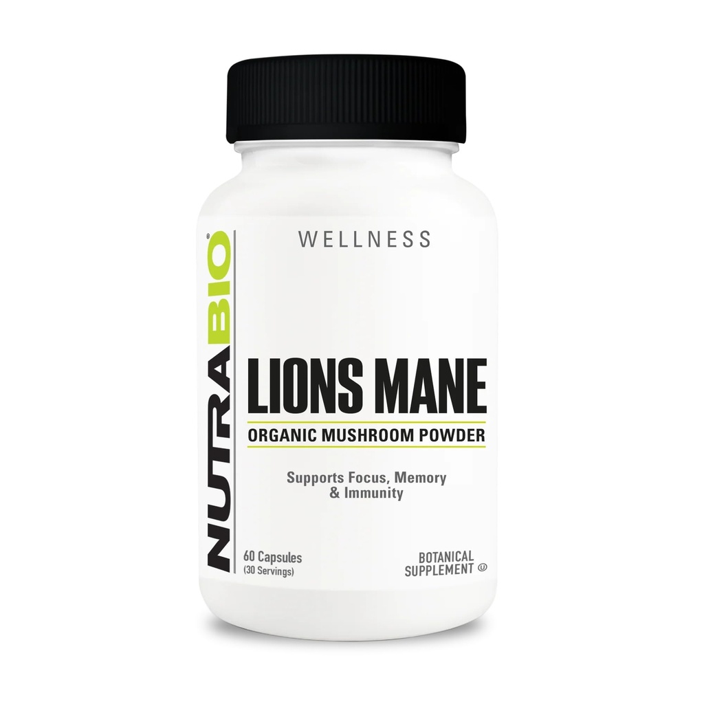 Nutrabio Lions Mane- tillæg Capsules - Organic Lions Mane Mushroom Powder (500 mg) - Fokus, hukommelse, immunitet - 60 vegetabilske kapsler