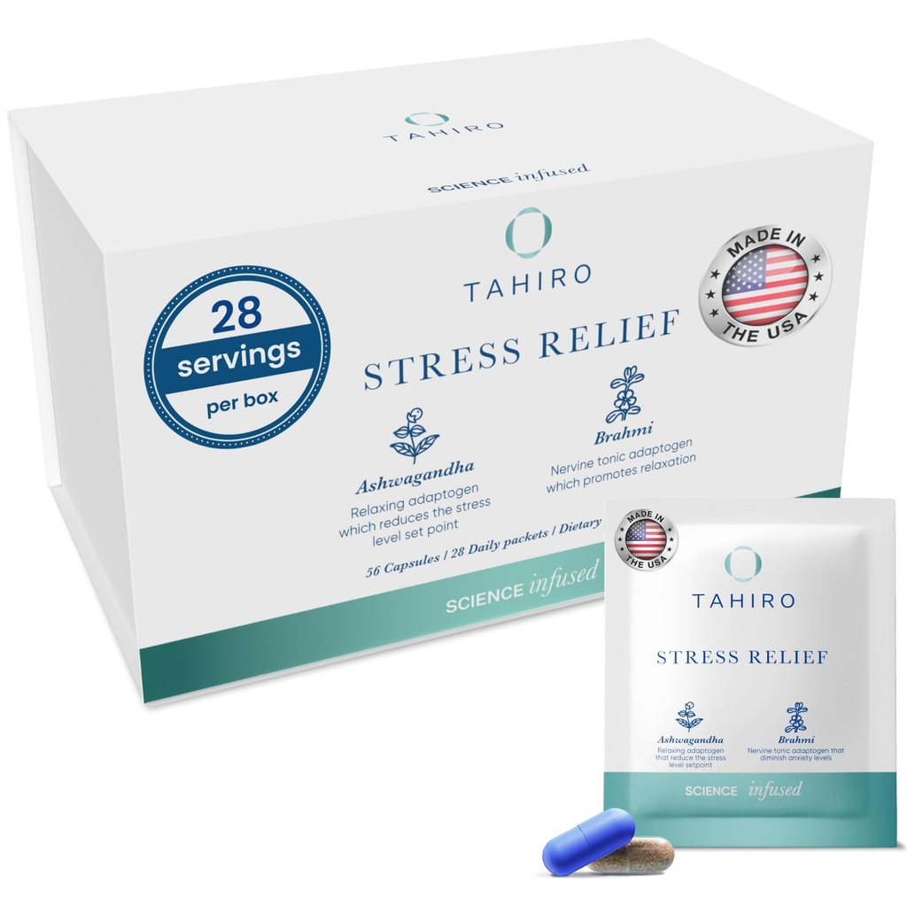 TAHIRO Stress- Relief Supplement - Natural Brain Support Supplement med Magnesium, Vitamin B, Ashwagandha, Brahmi - Non- GMO Vegan Brain Booster Supplement for Focus og energi - 28 - Pakker
