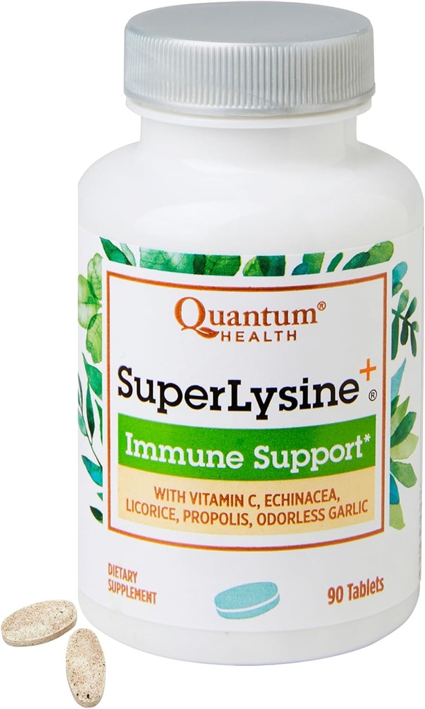Quantum Health SuperLysin + Advanced Formel immunforsvar Support Lysin 1500 mg, C-vitamin Echinacea Licorice Bee Propolis & Odorless hvidløg Daglig Wellness Blend for kvinder & mænd - 90 tabletter