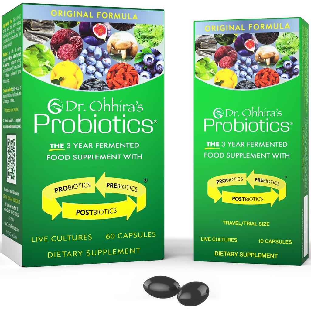 Dr. Ohhiras Probiotika, Original Formel, 60 Caps med Bonus 10 Capsule Travel Pack - 13 Probiotiske Strops med Prebiotika og Postbiotika