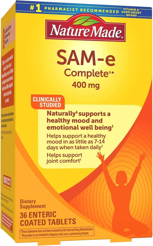 Nature Made SAM- e Komplet 400 mg, Kosttilskud til Mood Support, 36 tabletter, 36 dages forsyning
