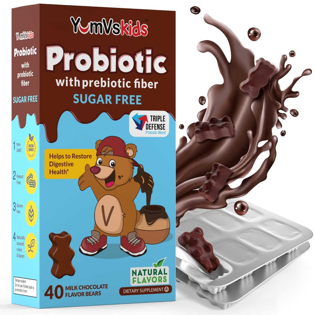 Yumvs Probiotika for børn med Prebiotic Fiber Sukker Gratis chokolade Chewable Kosttilskud - Kosttilskud Chewables for fordøjelsessygdomme - Toddlers, Kids & Teens 60 Greve