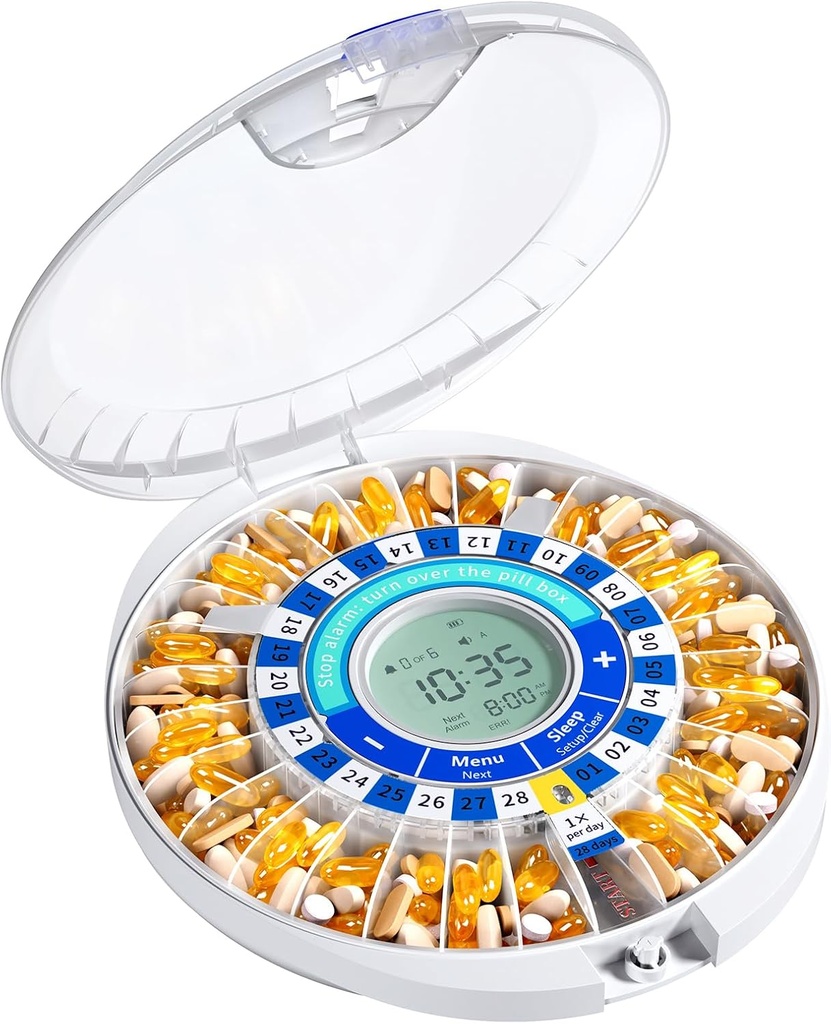 Daviky Automatic Pill Dispenser til ældre med Alarm, 28-dages elektronisk låst pille boks, lyd & lys påmindelser til medicin, vitaminer og kosttilskud (blå)