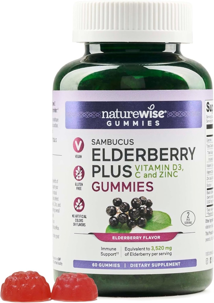 NatureWise Sambucus Elderberry Gummies - Immunsupport for børn i alderen 4 + & Voksne med C-vitamin, D3, Zink - Elderberries Ækvivalent med 3520mg - Vegan, non-GMO - 60 Greve [30- Day Supply]