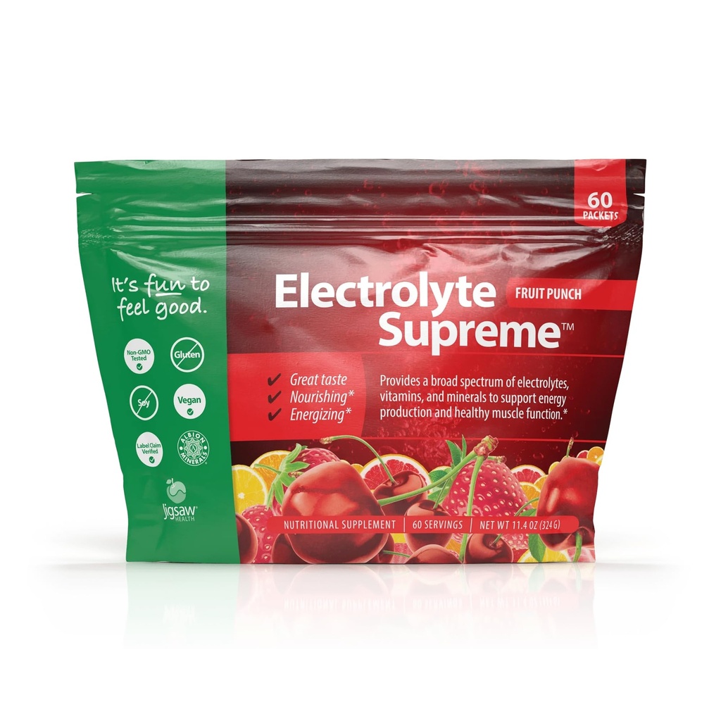 Jigsaw Health Electrolyte Supreme against 124; Broad Spectrum of Electrolytes + Trace Minerals against 124; Fruit Punch Flavor against 124; 60 Servere (Pakker)