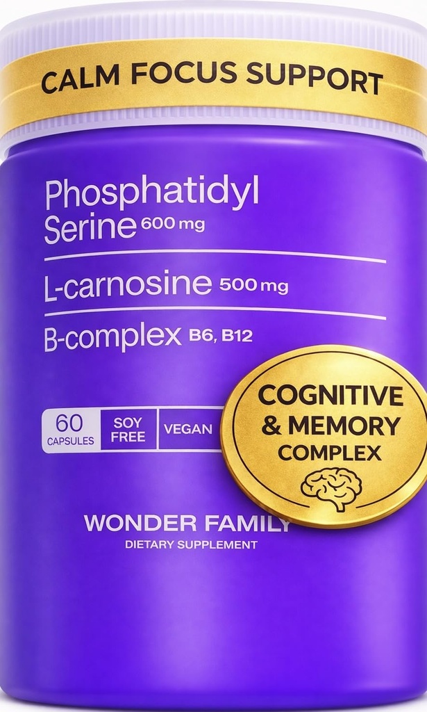 Phosphatidylserin 600 mg med L- Carnosine 500 mg + B6, B12 & Folate - Non- Soy Sunflower Lecithin PS Complex - Plant- Based, Non- GMO - Understøtter kognitiv funktion, Cell MembranIntegrity - 60 kapsler