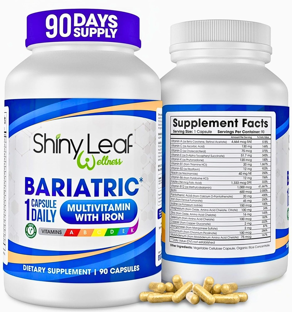 Shiny Leaf Bariatric Multivitamin med jern - 45 mg for Gastric bypass, Sleeve Gastrectomy, Roux- en- Y, Duodenal Switch - 22 Vitamin & Min, ASMBS Compliant, Vegetar, Made in USA, GMP, 90 Ct.