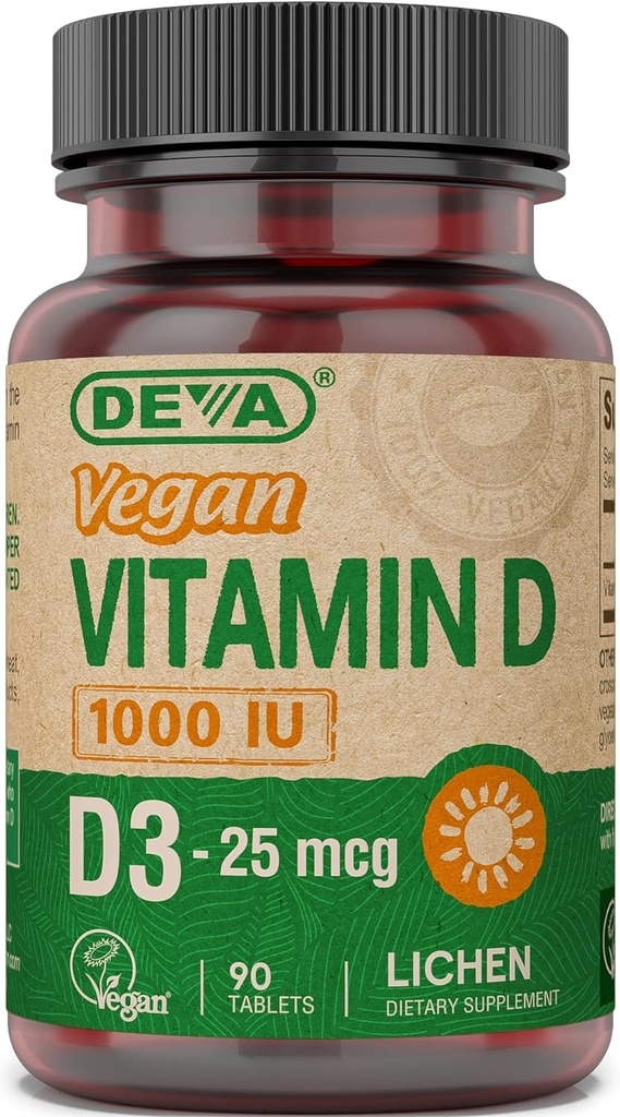 DEVA Vegan Vitamin D3 tillæg - Once- Per- Day tabletter med 1000 IE - Cholecalciferol - Lichen Plant Derived - 90 små tabletter