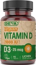 DEVA Vegan Vitamin D3 tillæg - Once- Per- Day tabletter med 1000 IE - Cholecalciferol - Lichen Plant Derived - 90 små tabletter