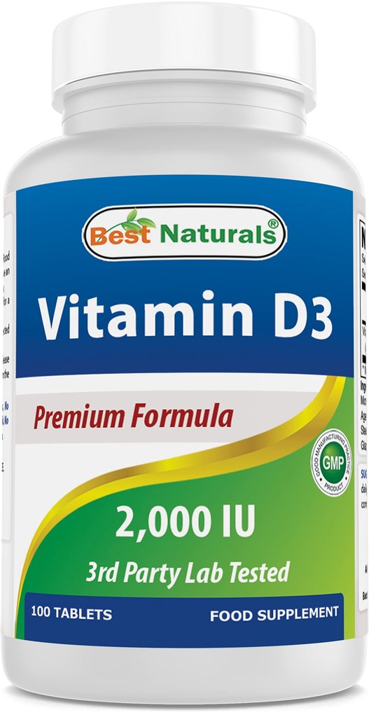 Bedste Naturals Vitamin D3 2000 IE (50 mcg) - 100 tabletter - 100 dages forsyning - Hjælper support immunforsvar, stærke knogler og tænder, & Muskelfunktion (100 greve (pakke med 1))