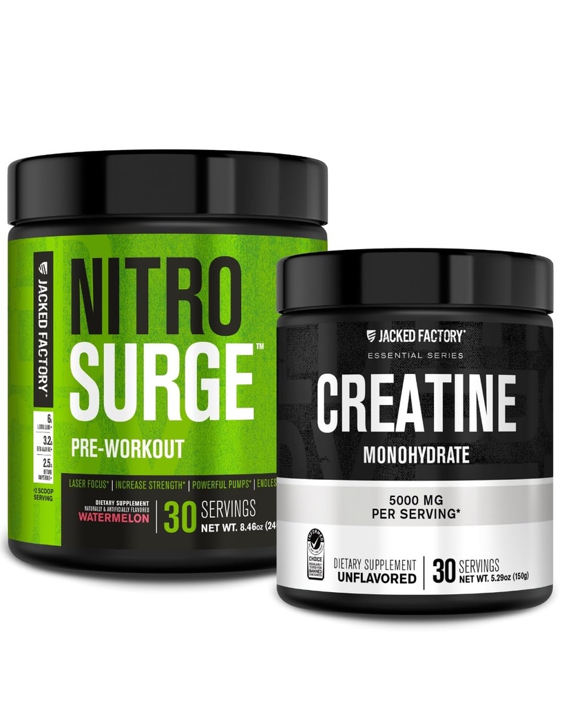 Jacked Factory NITROSURGE Pre- Workout Supplement - Intensive Pumper (30 Servere, Vandmelon) & Creatin monohydrat pulver til muskelvækst (30 Servere, Unflavored)