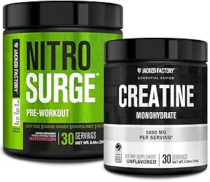 Jacked Factory NITROSURGE Pre- Workout Supplement - Intensive Pumper (30 Servere, Vandmelon) & Creatin monohydrat pulver til muskelvækst (30 Servere, Unflavored)