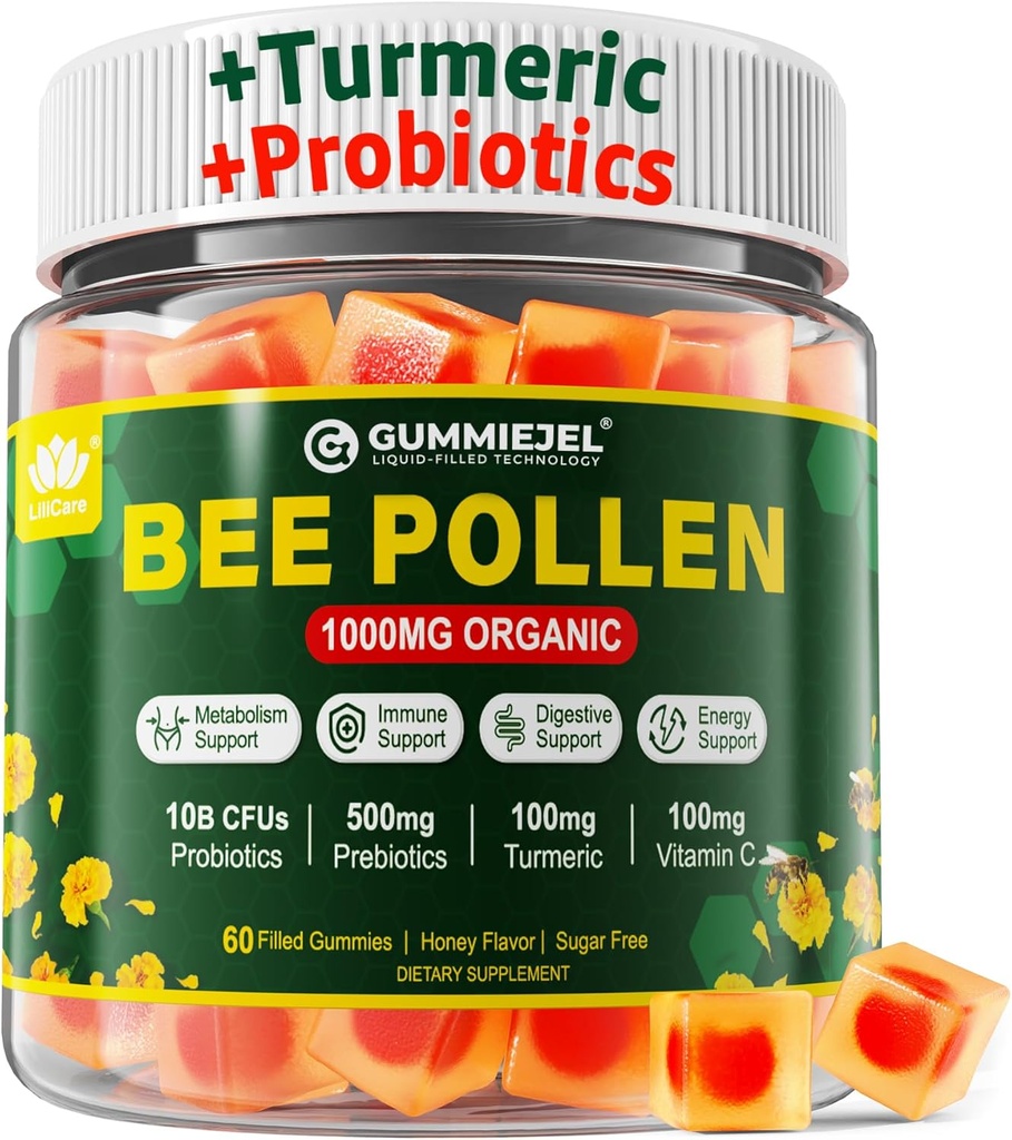 Fordøjelsesmiddel Sundhed & Vægt Bee Pollen Organic 1000mg, w / Probiotika, Prebiotika & Gurkemeje, Bee Pollen Gummies Rig i B- Vitamin, Antioxidanter, Aminosyrer, for fordøjelsesbesvær, Vægt & Energi