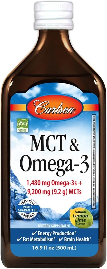 Carlson - MCT & Omega-3, 1480 mg Omega- 3s, 9200 mg MCT, Keto- Friendly, Captain & Capric Acid, Energy Production, Fat Metabolisme, Lemon- Lime, 500 ml (16, 9 Fl Oz)