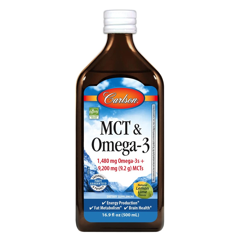 Carlson - MCT & Omega-3, 1480 mg Omega- 3s, 9200 mg MCT, Keto- Friendly, Captain & Capric Acid, Energy Production, Fat Metabolisme, Lemon- Lime, 500 ml (16, 9 Fl Oz)