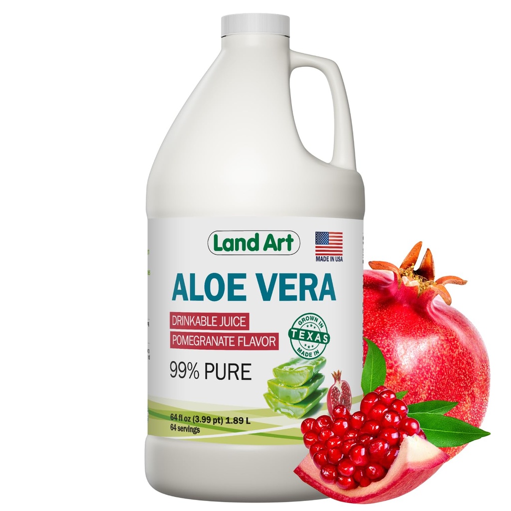 Land Art Pure Aloe Vera Juice - Pomegranate Flavored - Cold- Forarbejdede - Indre Filet fra Økologiske Friske blade fra Texas - Aid- 64 fl oz