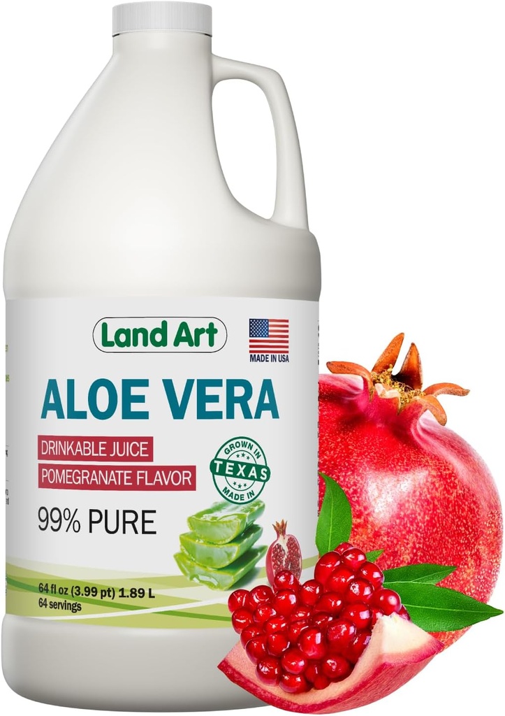 Land Art Pure Aloe Vera Juice - Pomegranate Flavored - Cold- Forarbejdede - Indre Filet fra Økologiske Friske blade fra Texas - Aid- 64 fl oz