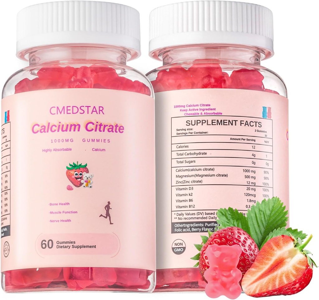 Chewable Calcium Citrate Gummies 1000mg med vitamin D3 & K2, B6 & B12, Magnesium, Zink til knogler, Muscles & Joints, Immunity & Memory Support, Sugar- Free, Gluten Free, Vegetarisk, Jordbær, 60 Greve