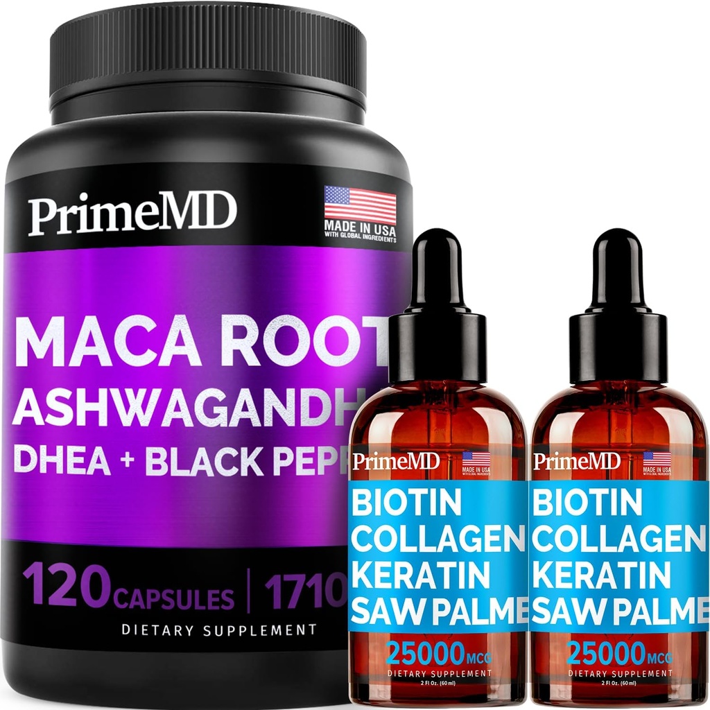4-in-1 Flydende Biotin Collagen Keratin Saw Palmetto Drops (2 fl oz - 2 Pack) & 6-in-1 Maca Root Ashwagandha w Black Pepper Fruit (120ct) Bundle - Hår, Hud, Nails, Energy & Mood Support Supplement
