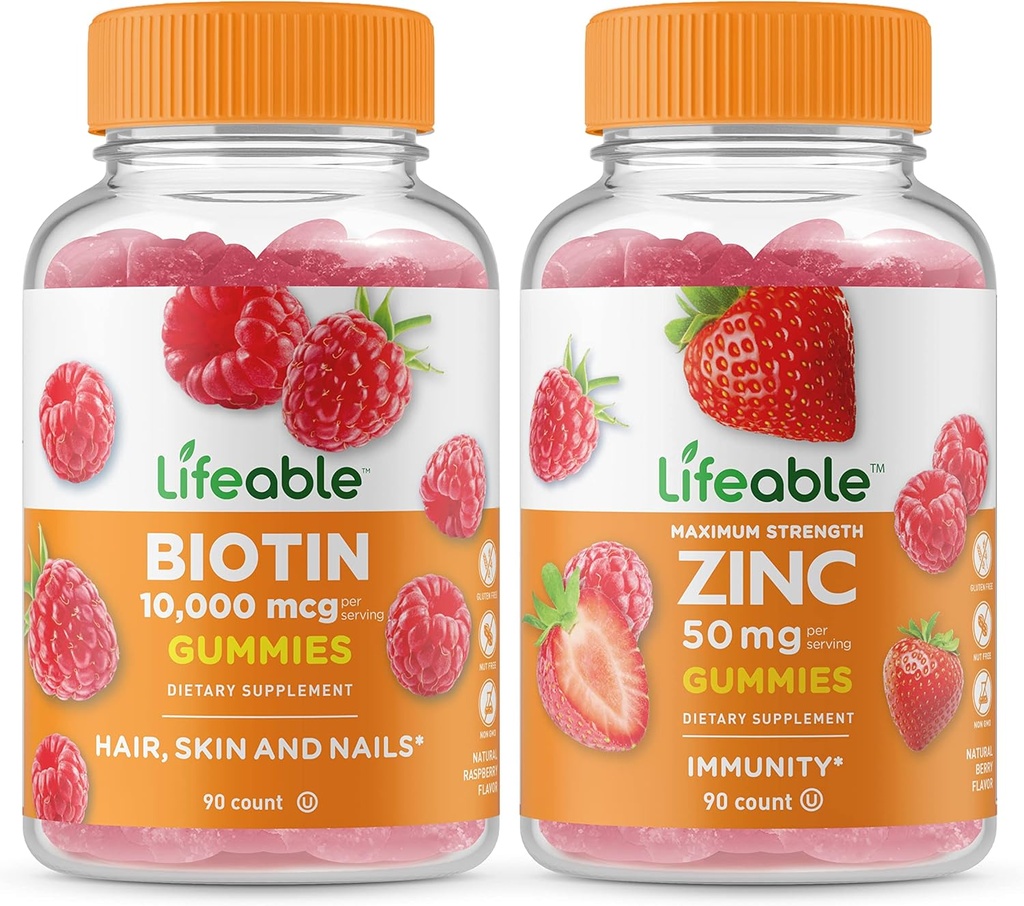 Lifeable Biotin + Zink 50mg, Gummies Bundle - Great Tasting, Vitamin Supplement, Gluten Free, GMO Free, Chewable
