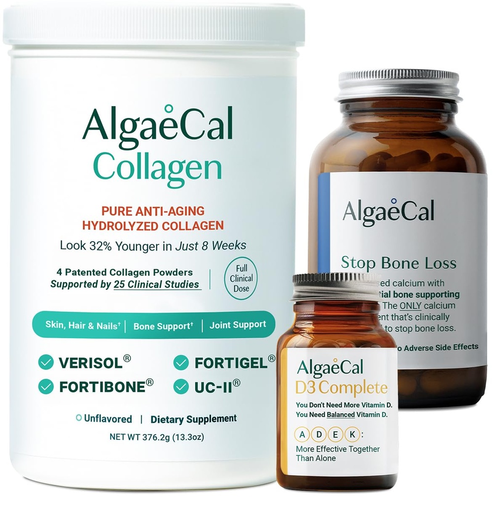 ALGAECAL Calcium, Vitamin D3 & Collagen Bundle - Collagen med klinisk-støttet Verisol, Fortibone & Fortigel, Plus 13 ben støtte mineraler og vitamin ADEK for ben sundhed & anti-aging