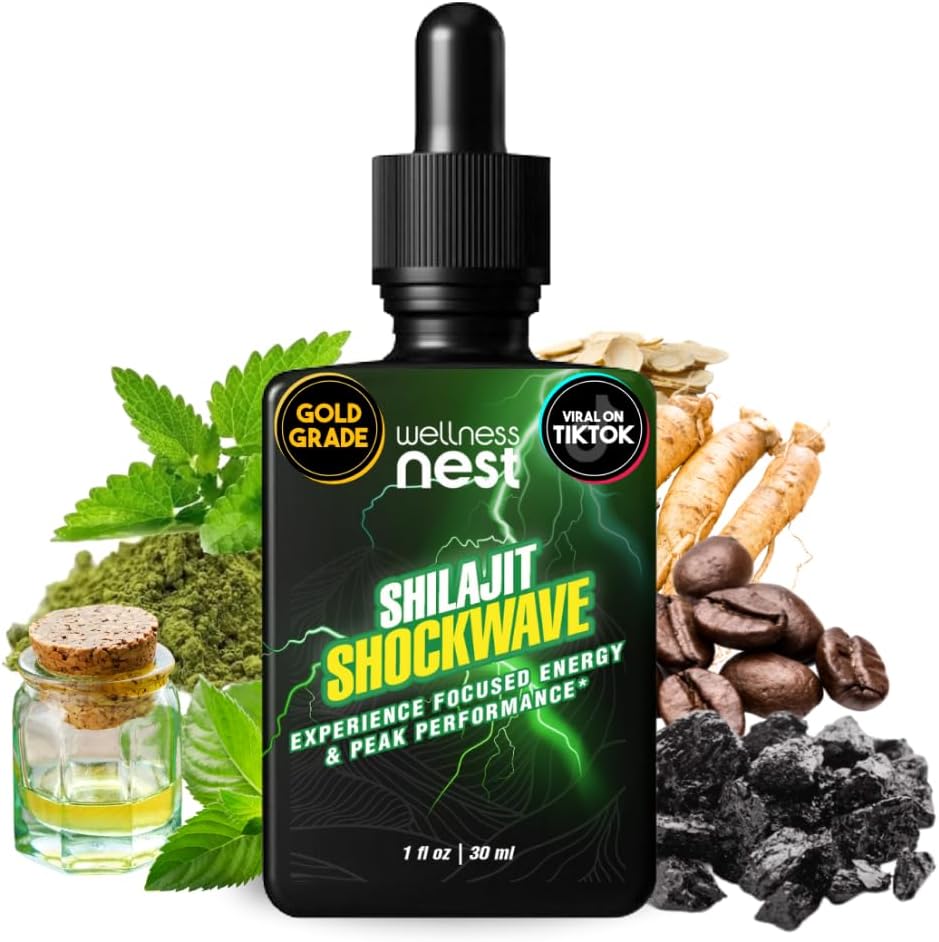 Wellness Nest Shilajit Shockwave Drops: Energy Drops, Focus Drops - Pure Himalayan Shilajit med Natural Tulsi, Panax Ginseng, pebermynte, Japanmint Supercharge Din dag - 30 Servere