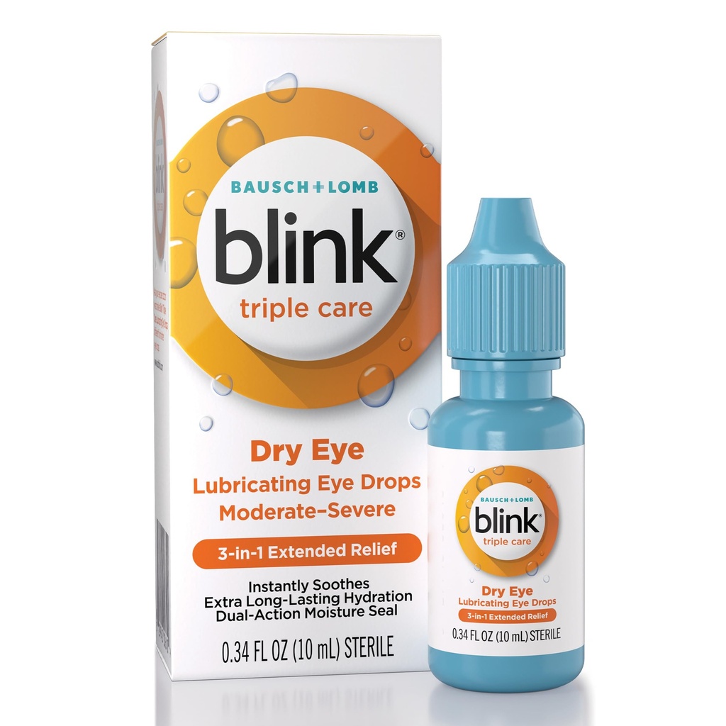BLINK tredobbelt pleje øjendråber til tørre øjne, smøremiddel øjendråber, beroligende for moderat til alvorlige tørre øjne, med Hyaluronate, Reducerer discomfort, Langvarig hydrering, 0,34 Fl Oz