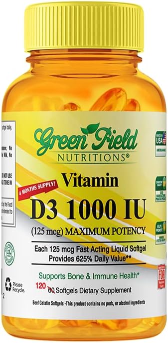 Greenfield Nutritions Halal Vitamin D3 Softgel - High Potency Vitamin D3 1000 IU (125 mcg), 120 Unflavored Mini Softgels - Halal Beef Gelatin D 3 Vitamins, Supports Immune Bone Teath Brain and Hair