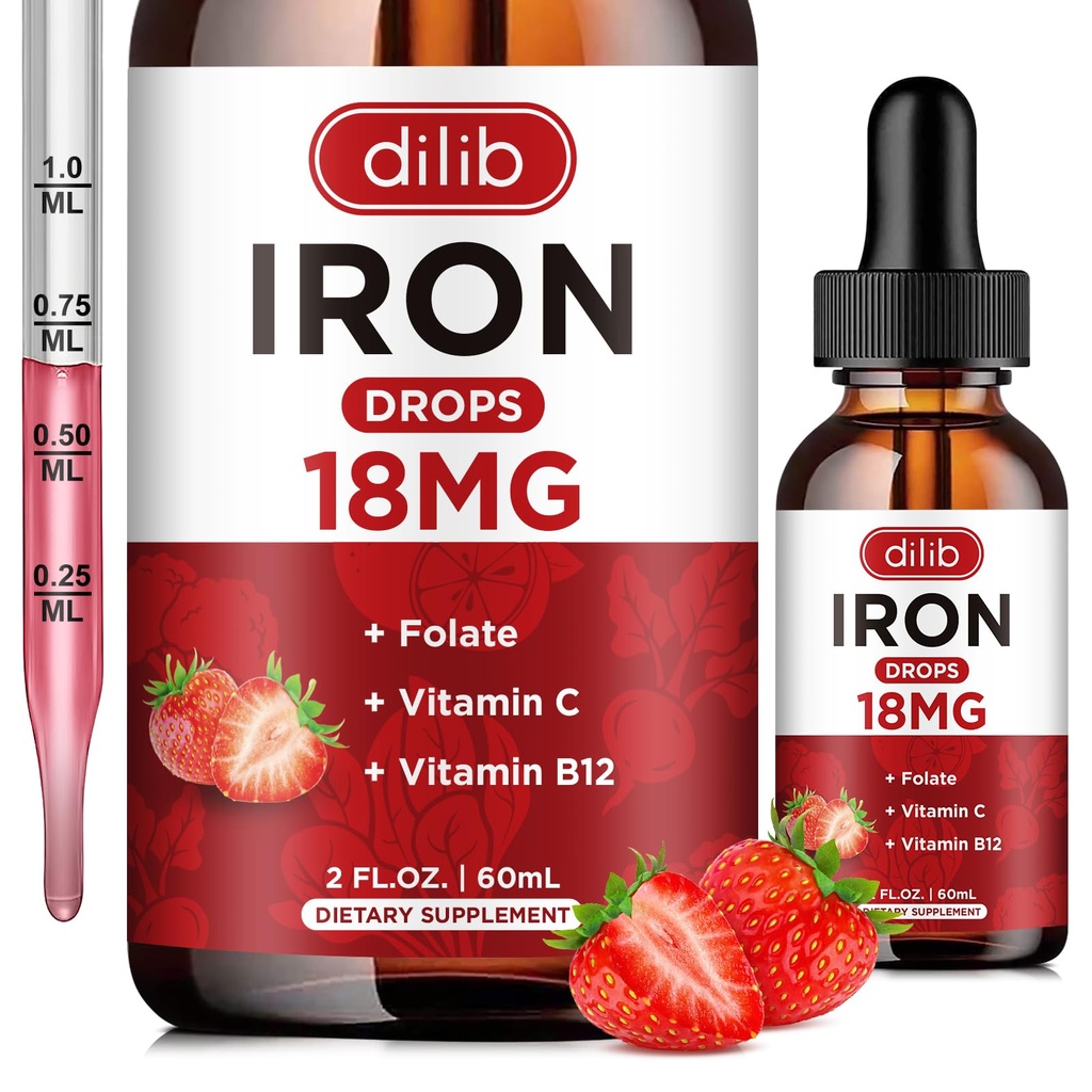 Flydende jerntilskud til kvinder og mænd jerndråber Jerntilskud til anæmi med folat, C-vitamin, B12 for røde blodceller Support-Strawberry, 2 Fl Oz