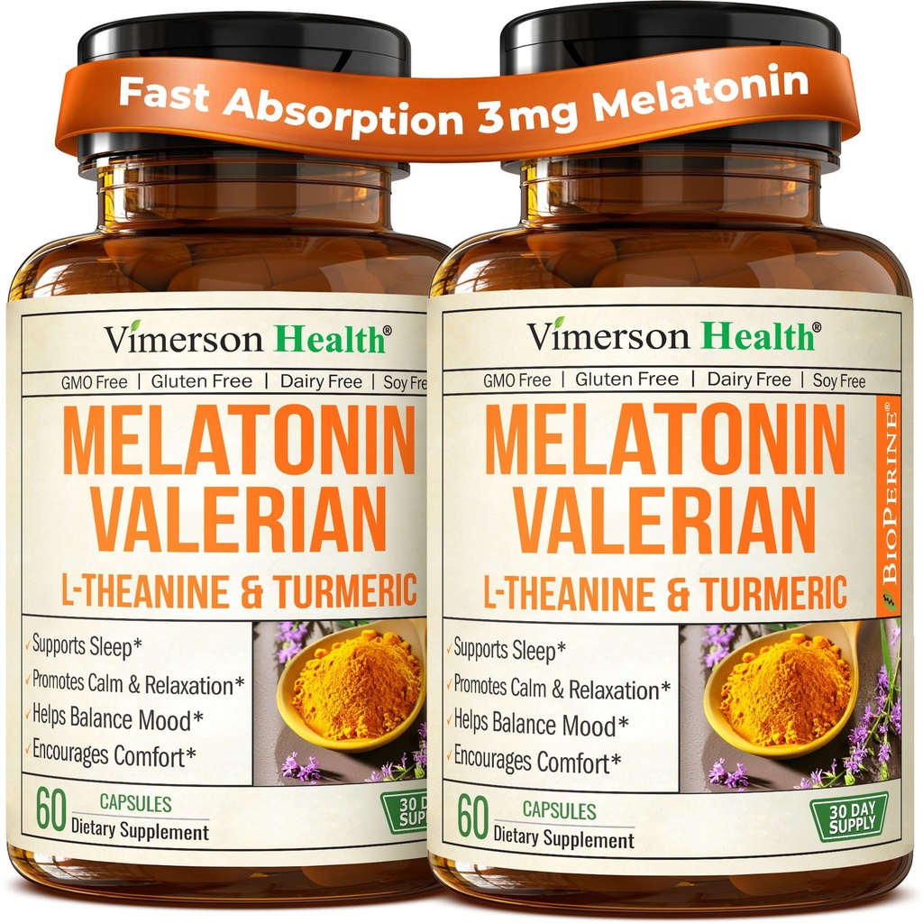 Melatonin Sleep Aid med L Theanine & Valerian Root - Gurkemeje Supplement - Gurkemeje Curcumin med Ginger & Sort Pepper - L- Theanine & Melatonin 3 mg til søvn, ro og stress Relief - 2 pakke