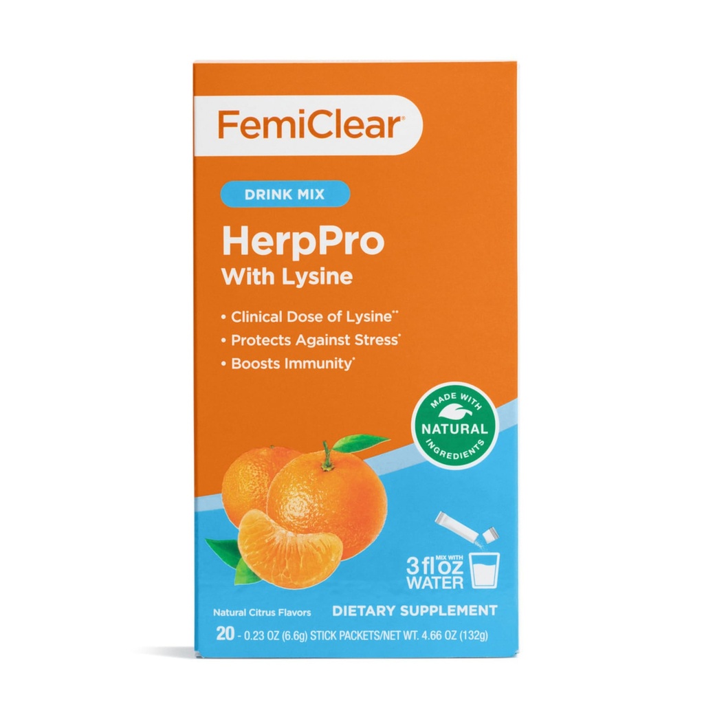 FemiClear HerpPro Drink Mix, med L- Lysin 3000mg, Zink, Vitaminer A & C, Ashwagandha, Immunitet & Stress Supplement for kvinder & mænd, 20 stick pakker