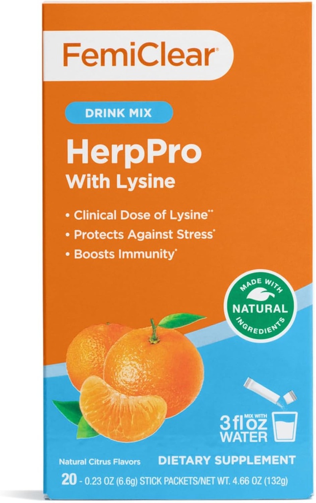 FemiClear HerpPro Drink Mix, med L- Lysin 3000mg, Zink, Vitaminer A & C, Ashwagandha, Immunitet & Stress Supplement for kvinder & mænd, 20 stick pakker