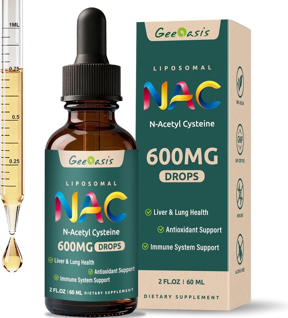 Liposomal Liquid NAC Supplement N- Acetyl Cysteine Drops, N Acetyl Cysteine 600 mg med Quercetin & Zink til voksne & børn, lever & lung Support, antioxidant, immunforsvar og hudsundhed, 2 Fl Oz
