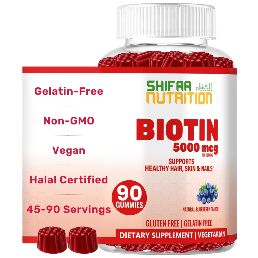 SHIFAA NUTRITION Vegan Biotin Gummies for Adult & Kids against 124; 90 Gummies against 124; 5000 mcg 45 Servings against 124; Non- GRO- Gluten, Glutine, Peanuts, Egg & Dairy Free