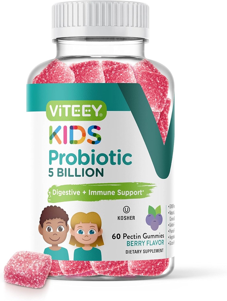 Viteey Probiotiske Gummies for Kids - 5 Millioner CFU 'er - Probiotika Kids Forstoppelse Relief, Naturlig Immunitet & fordøjelse Sundhedsstøtte - Vegetarisk, Gelatine fri, GMO fri - Tasty Berry Flavored Gummy