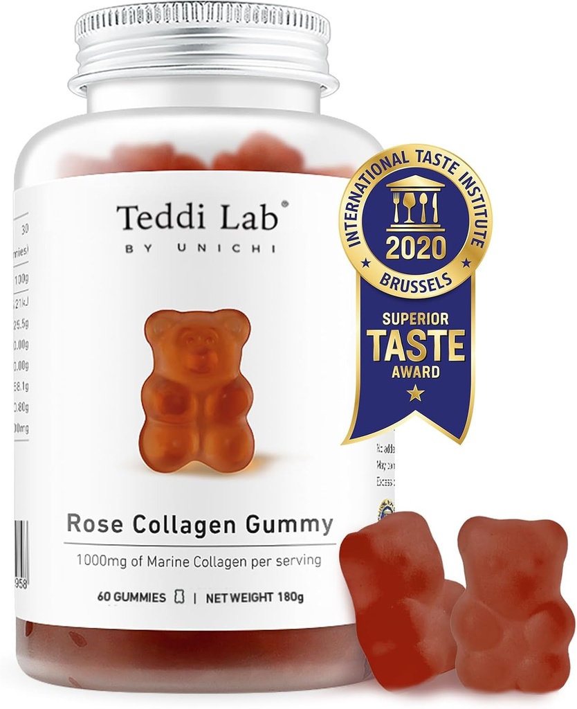 Unichi Rose Collagen Gummy, 1000mg High- Volume Marine Collagen Gummy Kosttilskud til kvinder med Collagen Peptider, Rose Petals, Acerola Cherry, Rosehip, 60 Greve