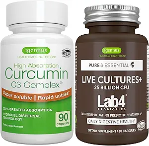 Live Cultures+ Lab4 Probiotics + High Absorption Curcumin C3 Complex Vegan Bundle, 25 Billion CFU Probiotic, Non-Bloating Prebiotic + 300% Greater Absorption Curcuminoids with Rapid Uptake, By Igennus