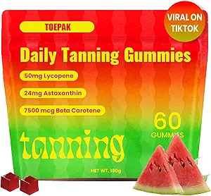 60 stk Natural Tanning Gummies, Astaxanthin 24mg Lycopene 50mg Plus Beta Caroten 7500 mcg, Bedste Astaxanthin Kosttilskud til hud sundhed & Glow, Non- GMO, Sour Watermelon Flavor