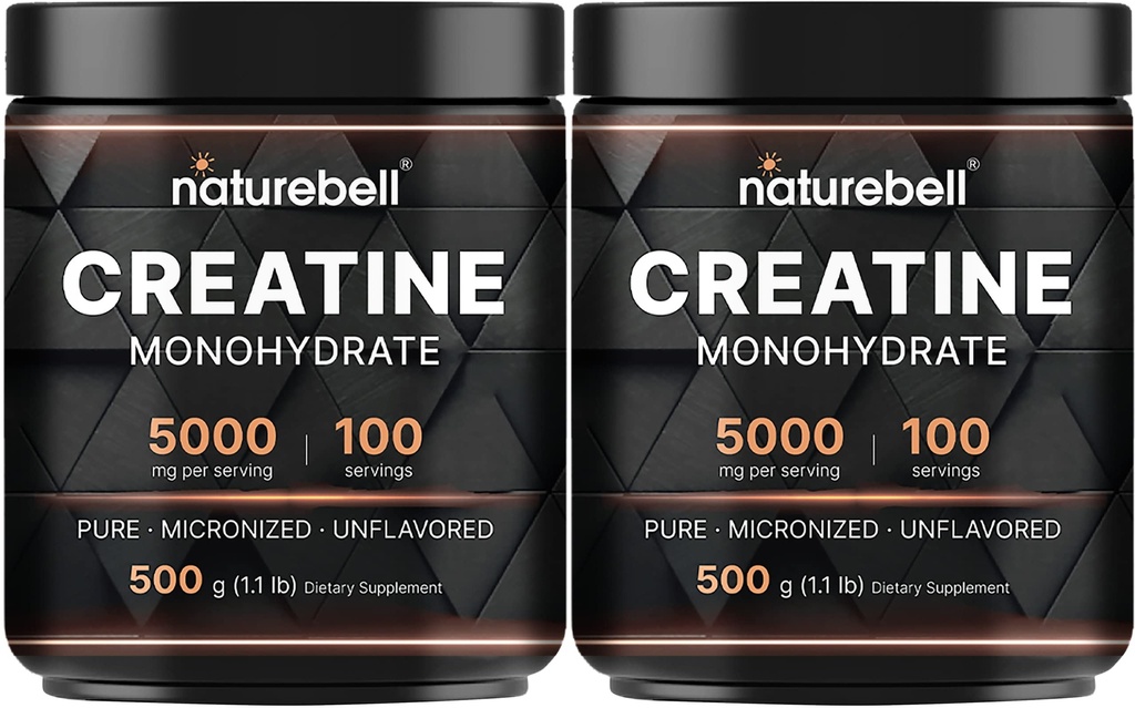 NatureBell 2 Pack Creatinine Monohydrat Powder 500g, 5,000mg Per Serving Mead124; Mikroniseret, Pure & Unflavored Mead124; Pre- Workout Muscle Support Mead124; Keto, Vegan, Filler- Free Mead124; 200 Servere (2,2 lb)