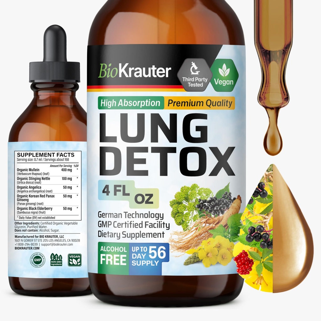 BIO KRAUTER Lung Detox Drops - Pure Vegan Lung Cleanse Liquid Form 4 Fl.Oz 56 dages forsyning - Blend Mullein, Elderberry, Stinging Nettle, Ginseng & Angelica Ekstrakter - Respiratorisk support