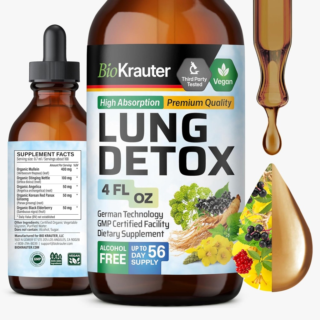 BIO KRAUTER Lung Detox Drops - Pure Vegan Lung Cleanse Liquid Form 4 Fl.Oz 56 dages forsyning - Blend Mullein, Elderberry, Stinging Nettle, Ginseng & Angelica Ekstrakter - Respiratorisk support