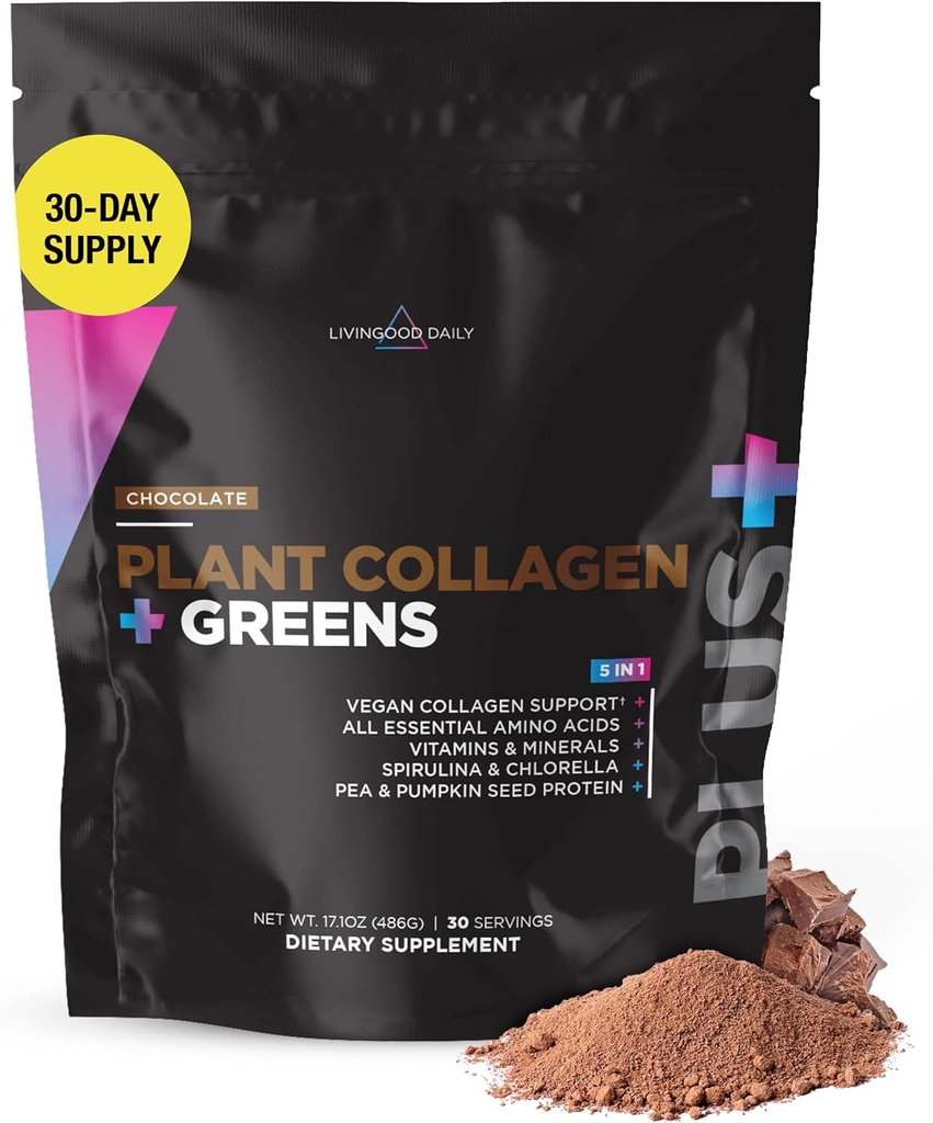 Livingood Daily Plant Collagen + Green Powder, Chokolade, 5-in-1 Collagen Support med Pea Protein, Aminosyrer, Spirulina, Chlorella & C-vitamin, Hår Skin Nails Support, Vegan, 30 Servere