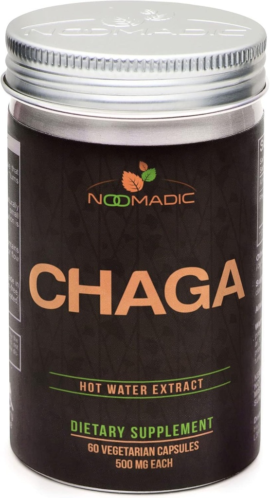 Noomadic Chaga Mushroom, 60 kapsler, 500mg Hver, Antioxidant & Immunstøtte, Hot Water Extract, Fruiting Bodies, 30% Beta- D- glucans