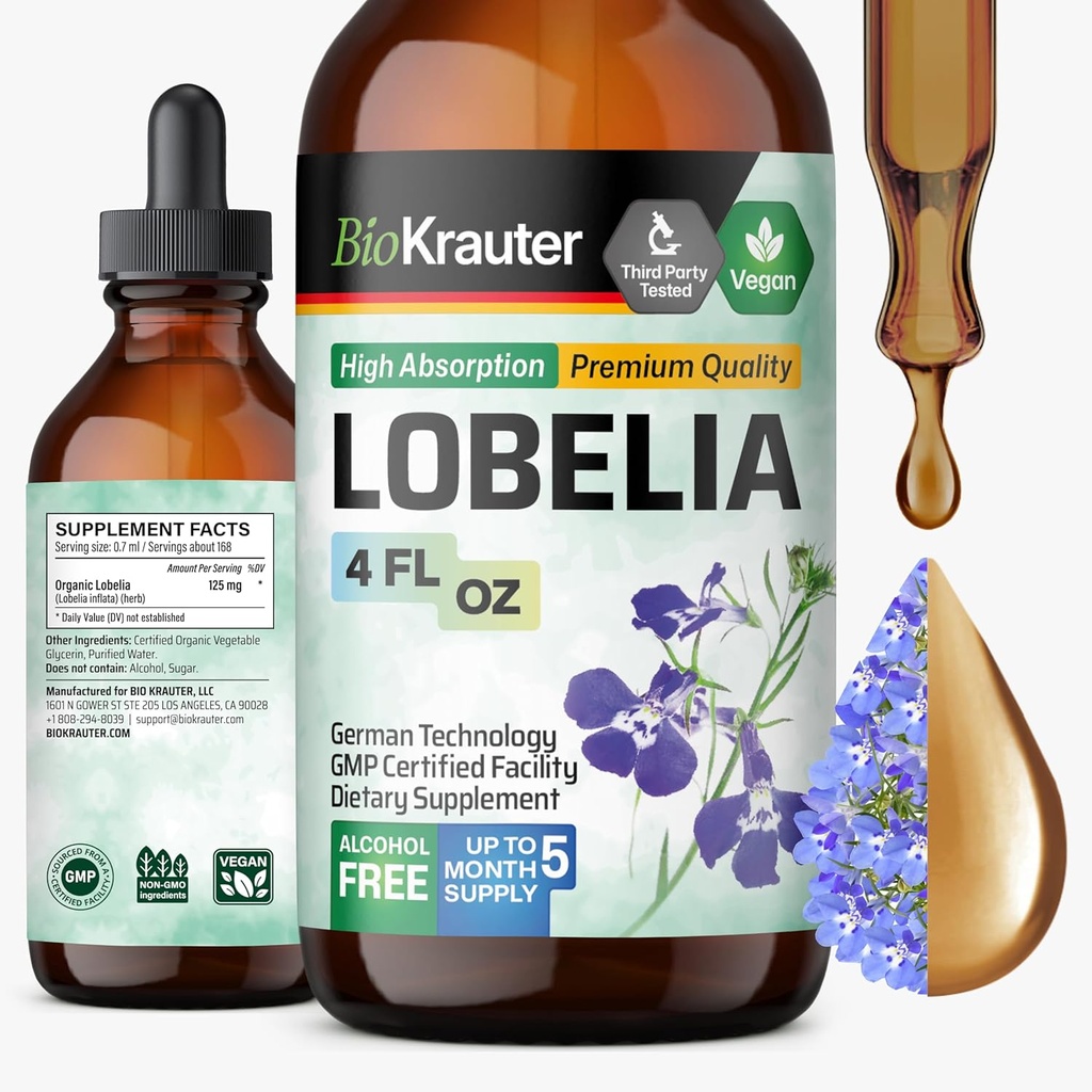 BIO KRAUTER Lobelia tinktur til Lung Cleanse & Detox - Pure Vegan Lobelia Herb Liquid Extract - 4 Fl.Oz 168 forsyningsdage - respiratorisk support supplement - Alkohol & sukker fri, ikke-GMO